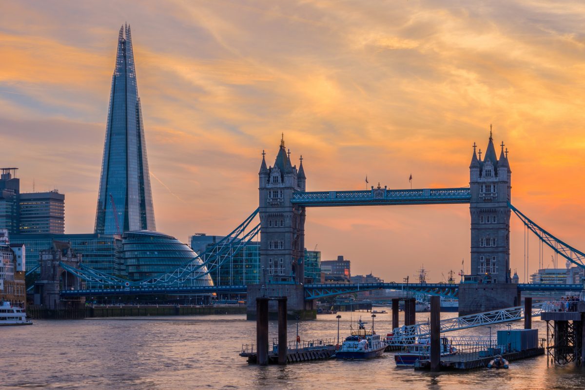 Photograph of Tower Bridge and The Shard in the City of London, UK.